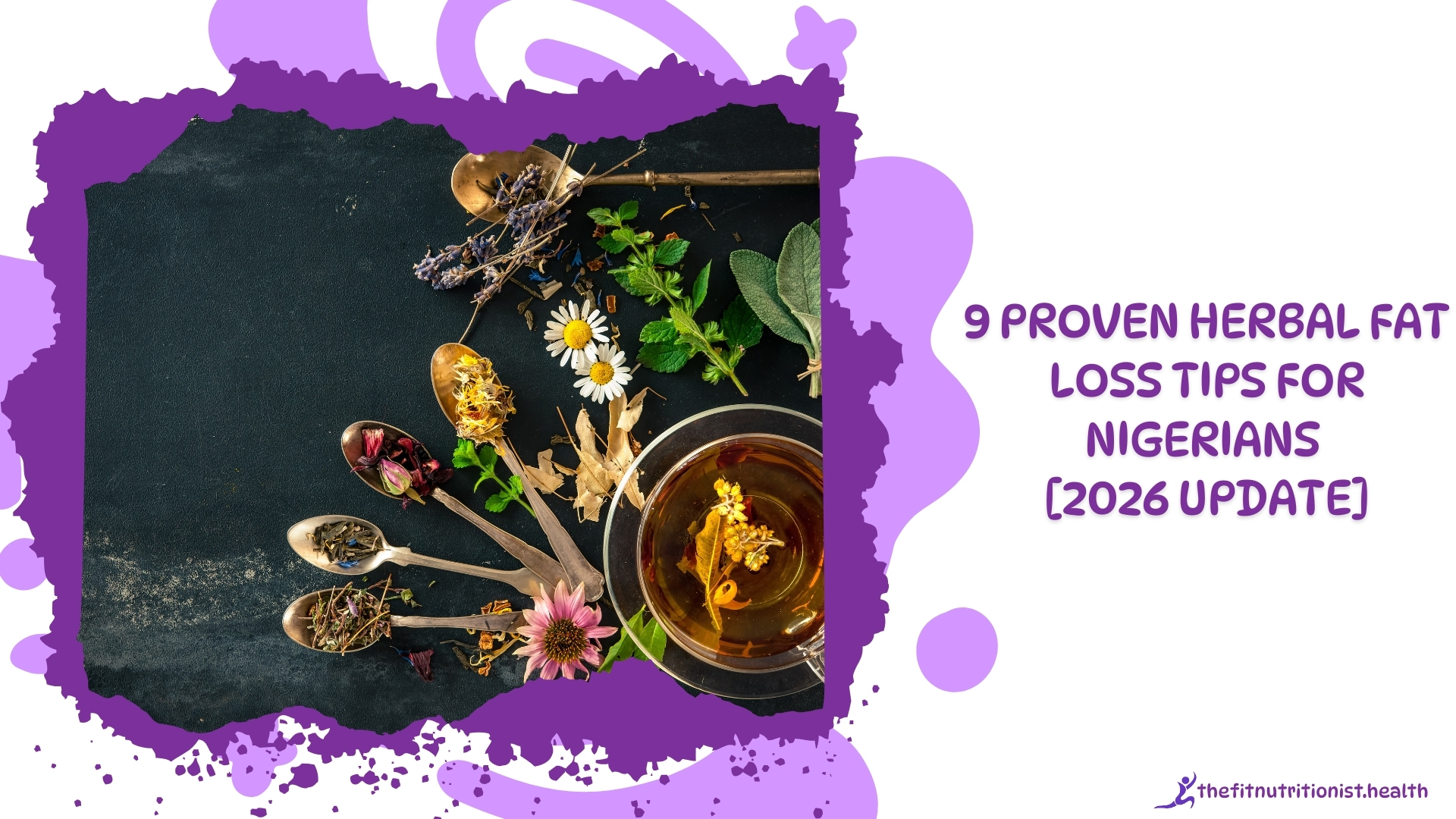 herbal fat loss teas, spices and on spoons and in a cup