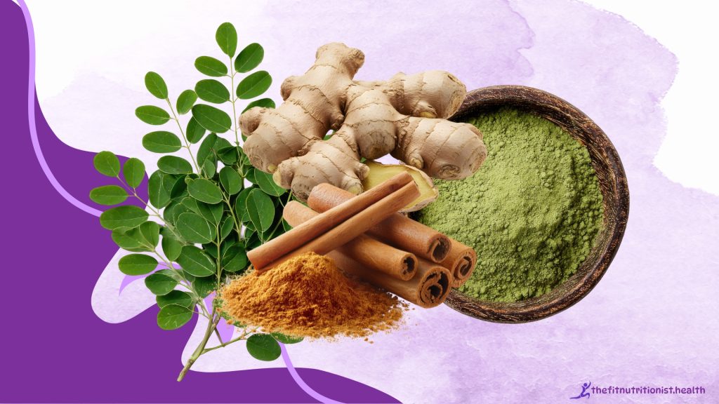 Herbal fat loss tea blend, fresh ginger, moringa powder and cinnamon sticks